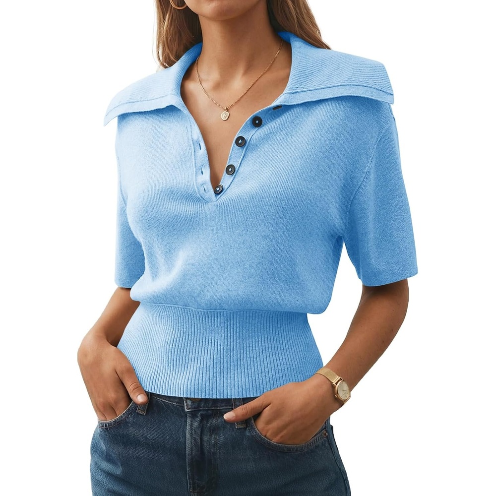 image:imageSaodimallsu Womens Polo Sweater Top Summer Short Sleeve Button V Neck Collared Trendy Ribbed Hem TopsBlue