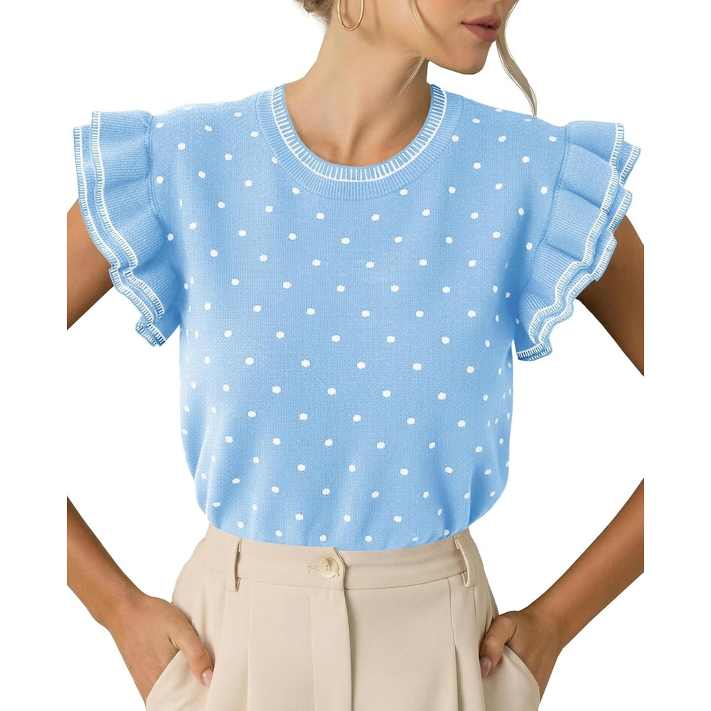 image:imageSaodimallsu Womens Ruffle Short Sleeve Sweaters Polka Dots Casual Crew Neck Flutter Sleeve Knit Summer TopsBlue