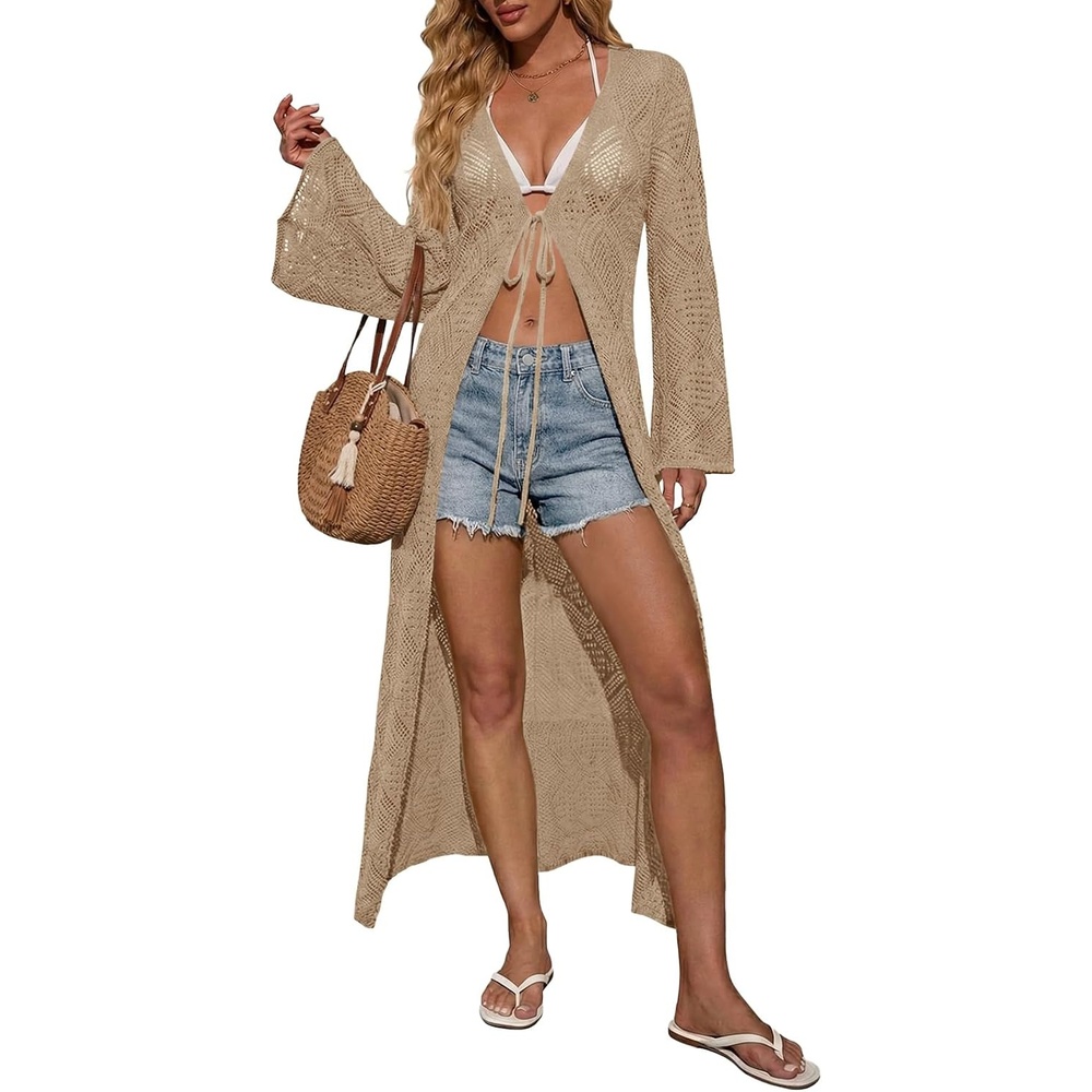 image:imageSaodimallsu Womens Crochet Beach Cover up Tie Front Bell Sleeve Lightweight Knit Long Cardigans Summer Vacation OutfitsKhaki