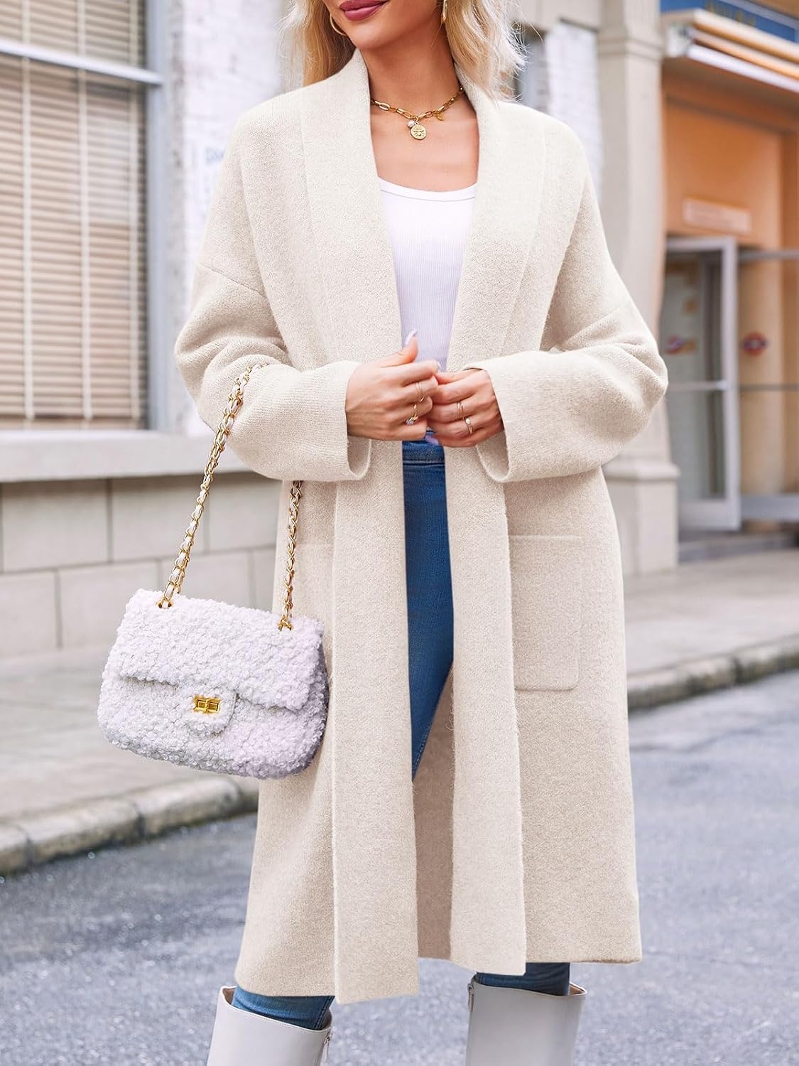 image:imageSaodimallsu Womens Long Cardigan Sweaters Chunky Open Front Oversized Slouchy Knit Fall Trendy Coatigan JacketsApricotwith Pockets