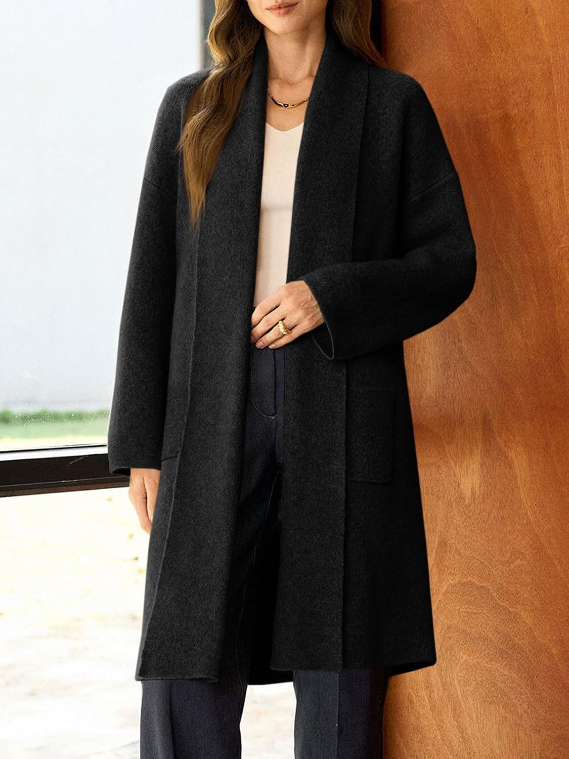 image:imageSaodimallsu Womens Long Cardigan Sweaters Chunky Open Front Oversized Slouchy Knit Fall Trendy Coatigan JacketsBlackwith Pockets