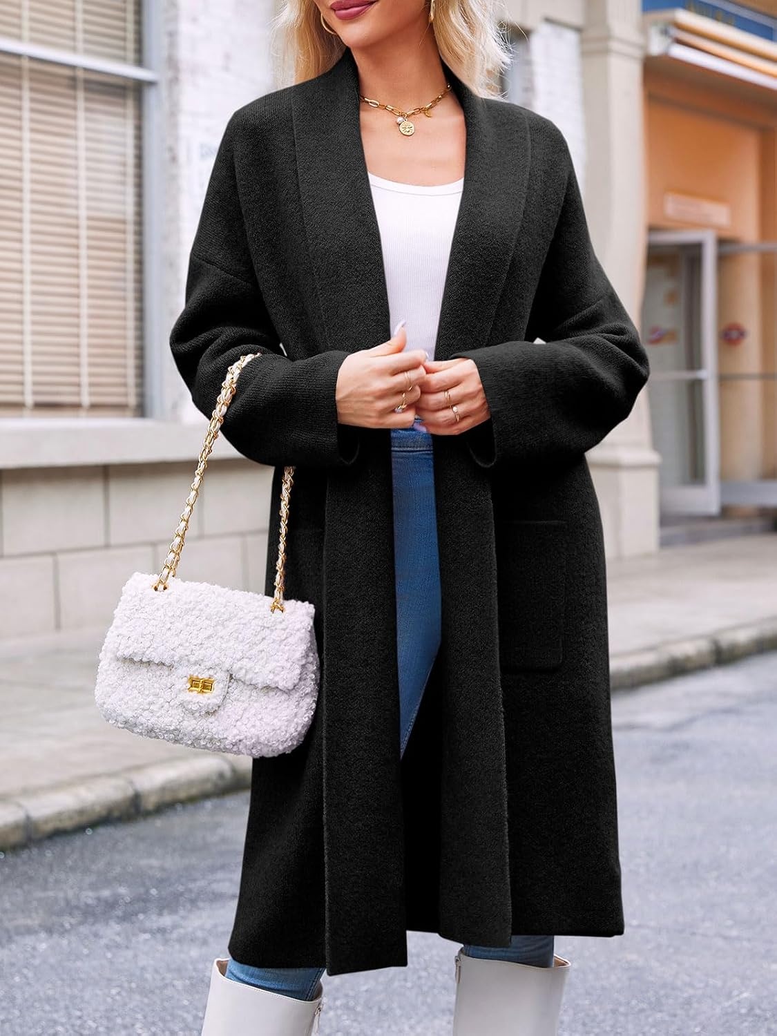 image:imageSaodimallsu Womens Long Cardigan Sweaters Chunky Open Front Oversized Slouchy Knit Fall Trendy Coatigan JacketsBlackwith Pockets
