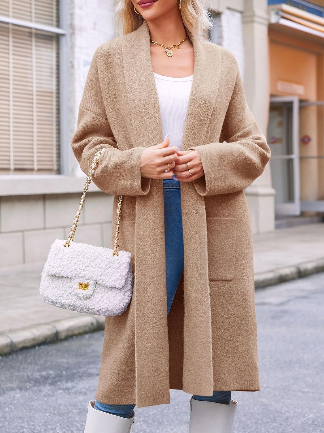 image:imageSaodimallsu Womens Long Cardigan Sweaters Chunky Open Front Oversized Slouchy Knit Fall Trendy Coatigan JacketsCamelwith Pockets