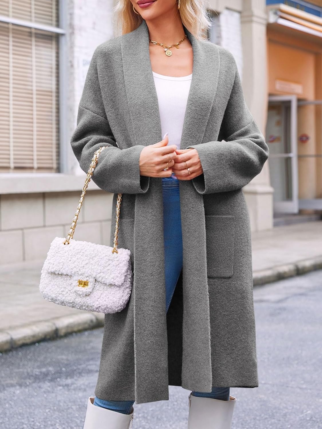 image:imageSaodimallsu Womens Long Cardigan Sweaters Chunky Open Front Oversized Slouchy Knit Fall Trendy Coatigan JacketsDark Greywith Pockets