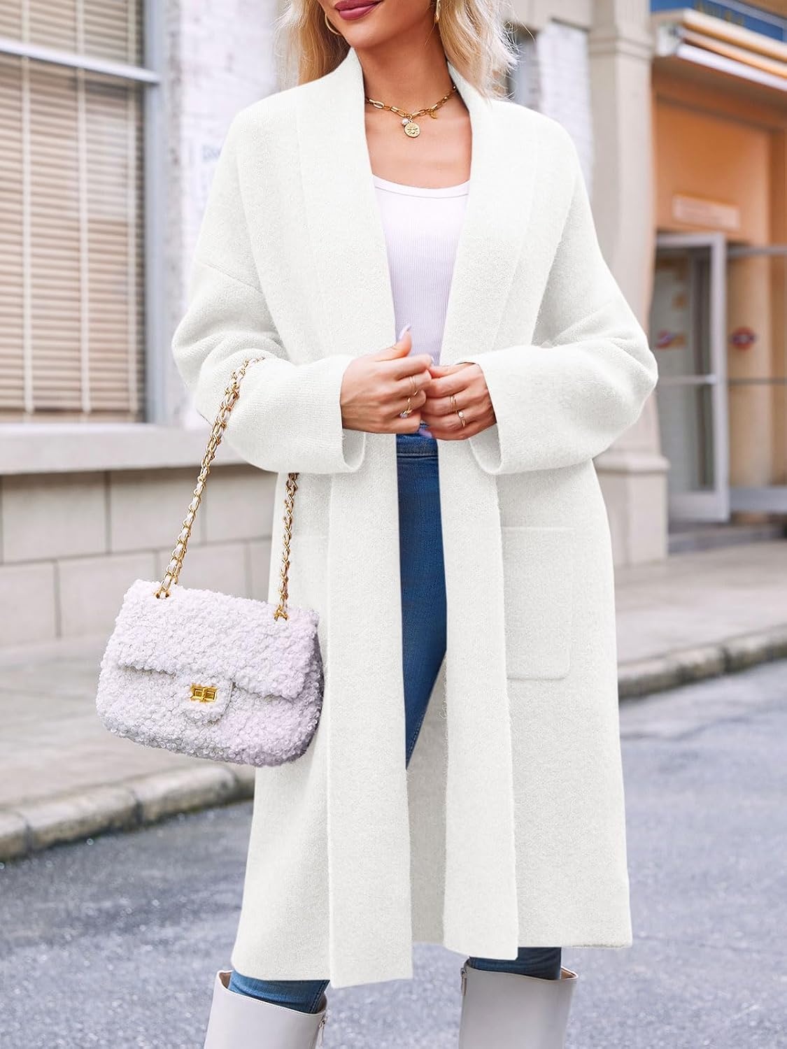image:imageSaodimallsu Womens Long Cardigan Sweaters Chunky Open Front Oversized Slouchy Knit Fall Trendy Coatigan JacketsWhitewith Pockets