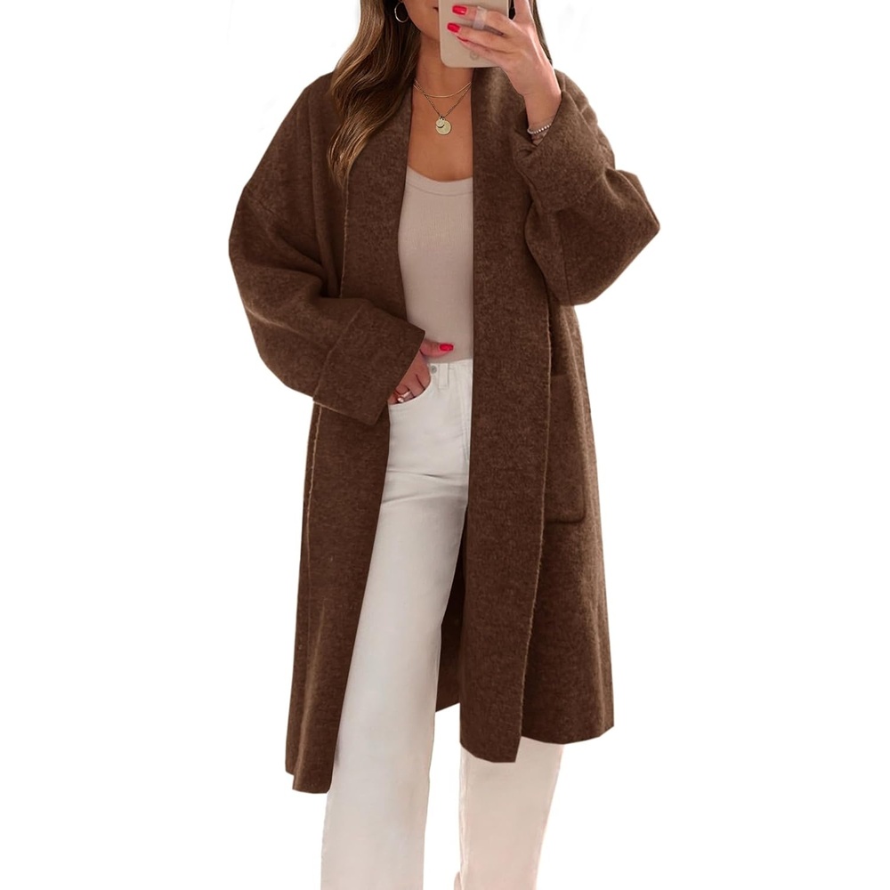 image:imageSaodimallsu Womens Long Cardigan Sweaters Chunky Open Front Oversized Slouchy Knit Fall Trendy Coatigan JacketsBrownwith Pockets