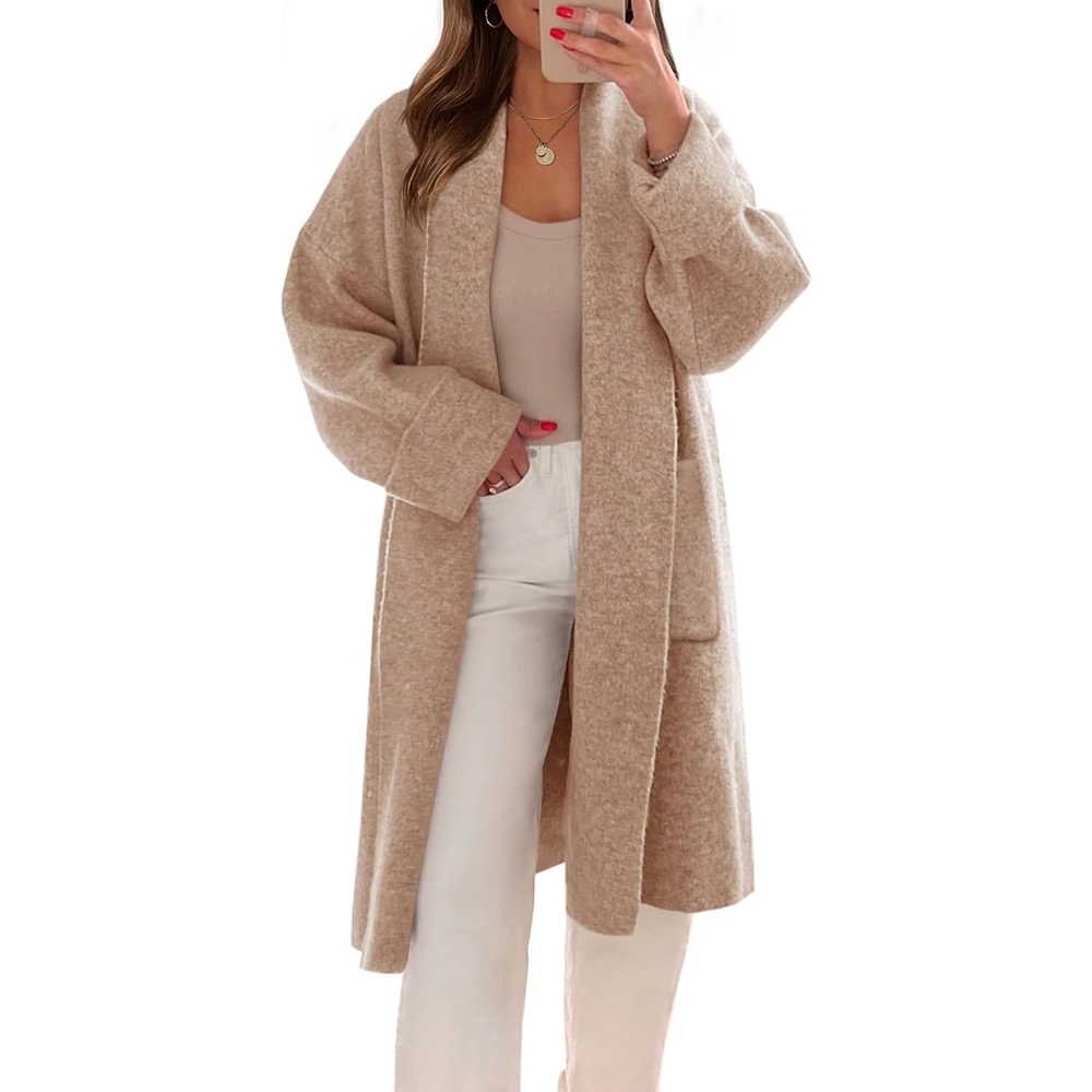 image:imageSaodimallsu Womens Long Cardigan Sweaters Chunky Open Front Oversized Slouchy Knit Fall Trendy Coatigan JacketsCamelwith Pockets