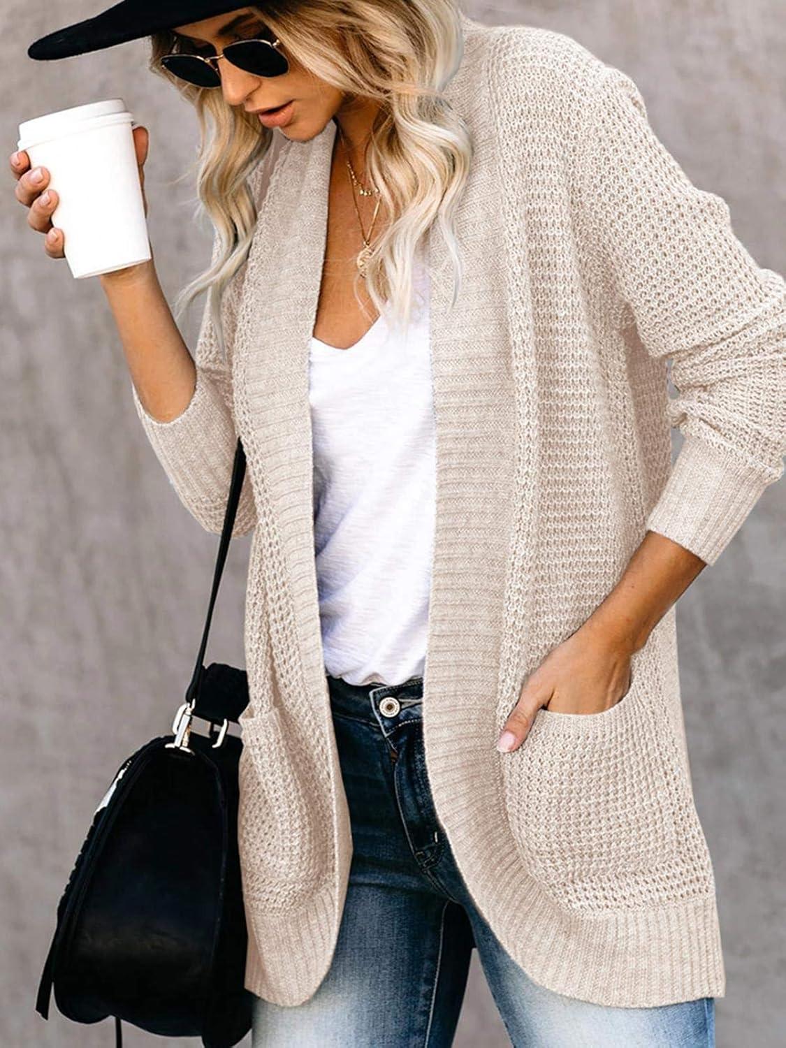imageSaodimallsu Loose Open Front Cardigan for Women Long Sleeve Soft Lightweight Knit Sweater Coat with Pockets Large BlueApricot