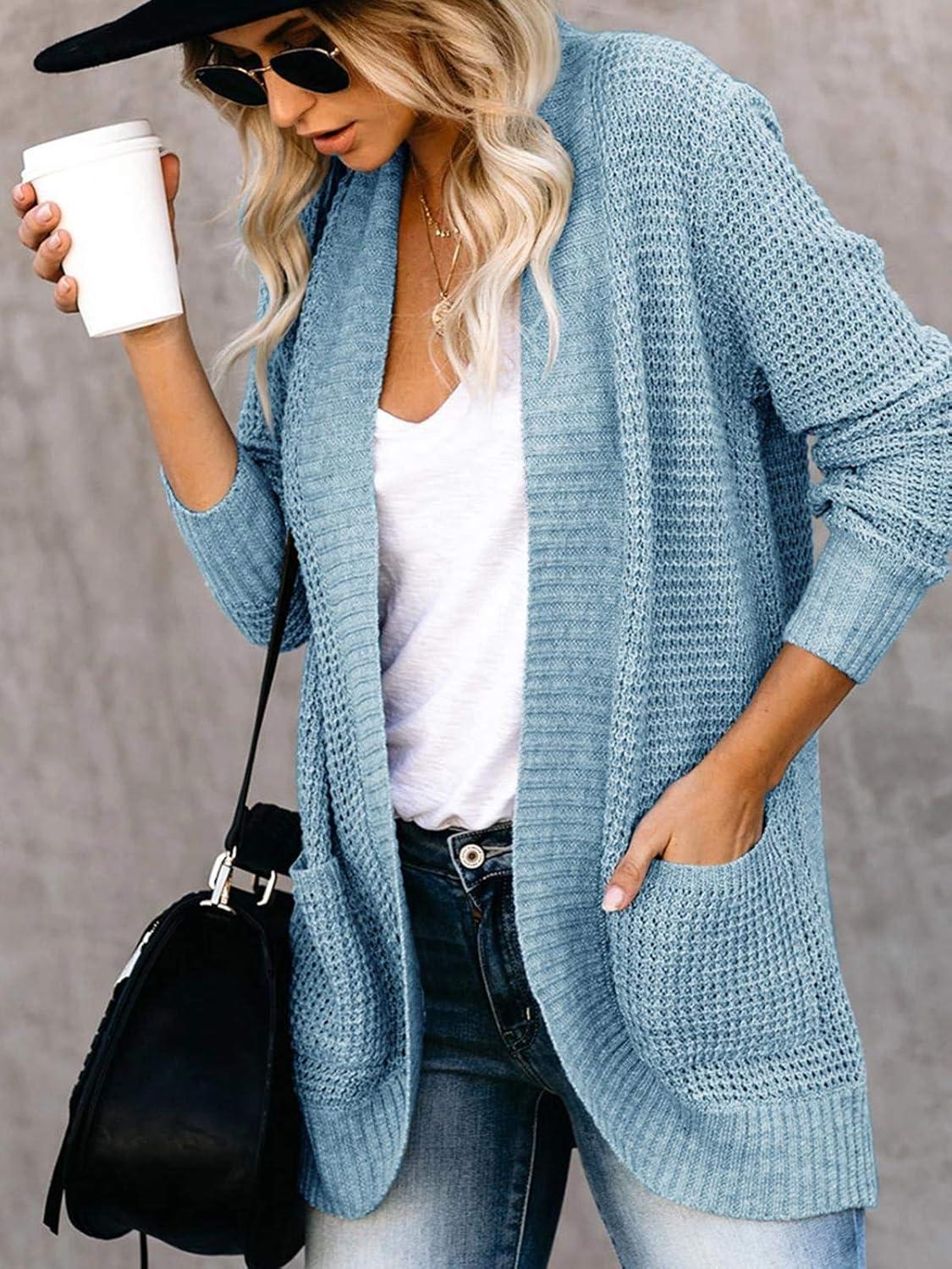 imageSaodimallsu Loose Open Front Cardigan for Women Long Sleeve Soft Lightweight Knit Sweater Coat with Pockets Large BlueBright Blue