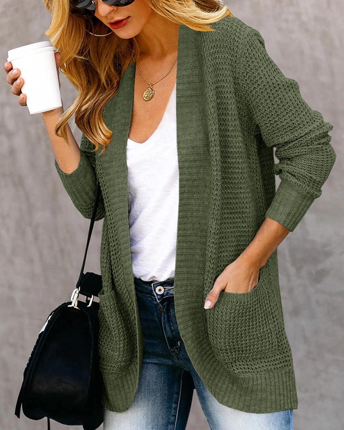 imageSaodimallsu Loose Open Front Cardigan for Women Long Sleeve Soft Lightweight Knit Sweater Coat with Pockets Large BlueGreen Army