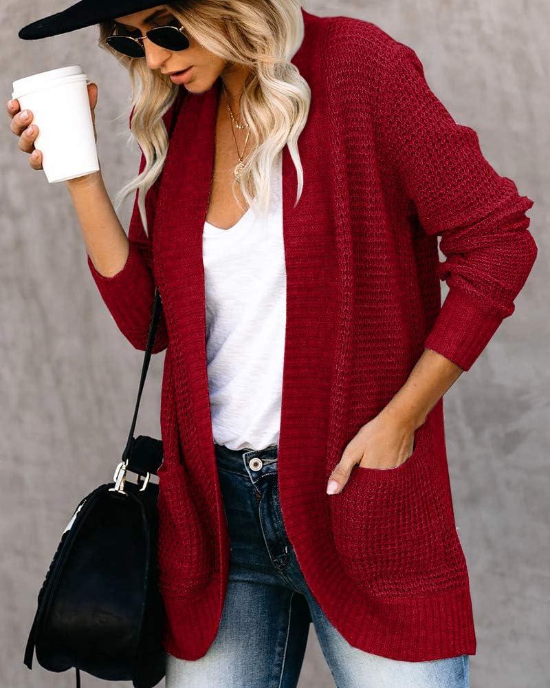 imageSaodimallsu Loose Open Front Cardigan for Women Long Sleeve Soft Lightweight Knit Sweater Coat with Pockets Large BlueWine Red