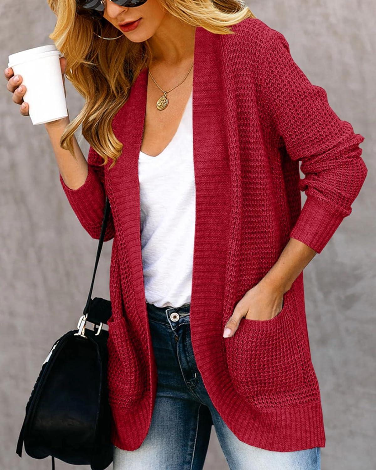 imageSaodimallsu Loose Open Front Cardigan for Women Long Sleeve Soft Lightweight Knit Sweater Coat with Pockets Large BlueWine Red