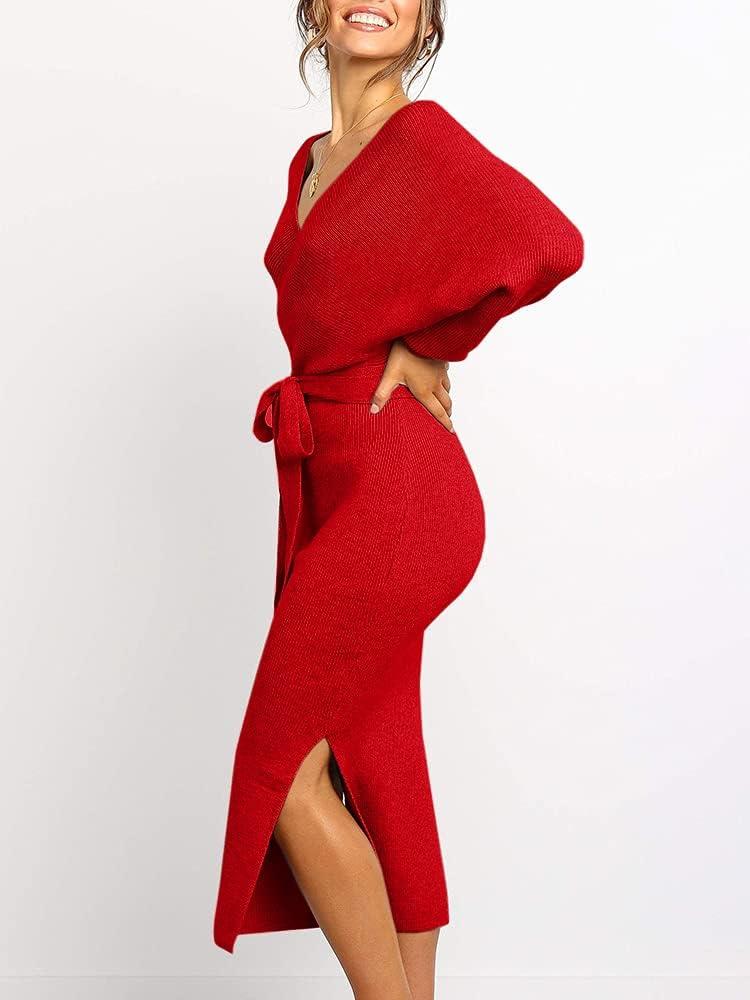 imageSaodimallsu Stylish Vneck sweater with bat wings with beltDeep Red
