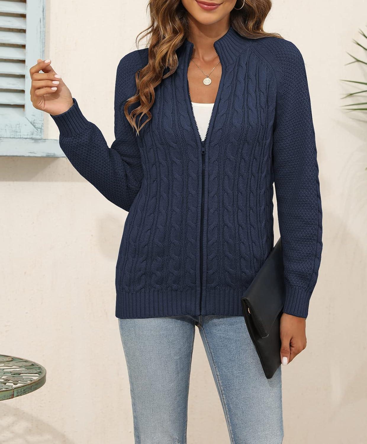 imageSaodimallsu Women Long Sleeve Cardigan Zipper Twist Pattern Casual CoatDark Blue