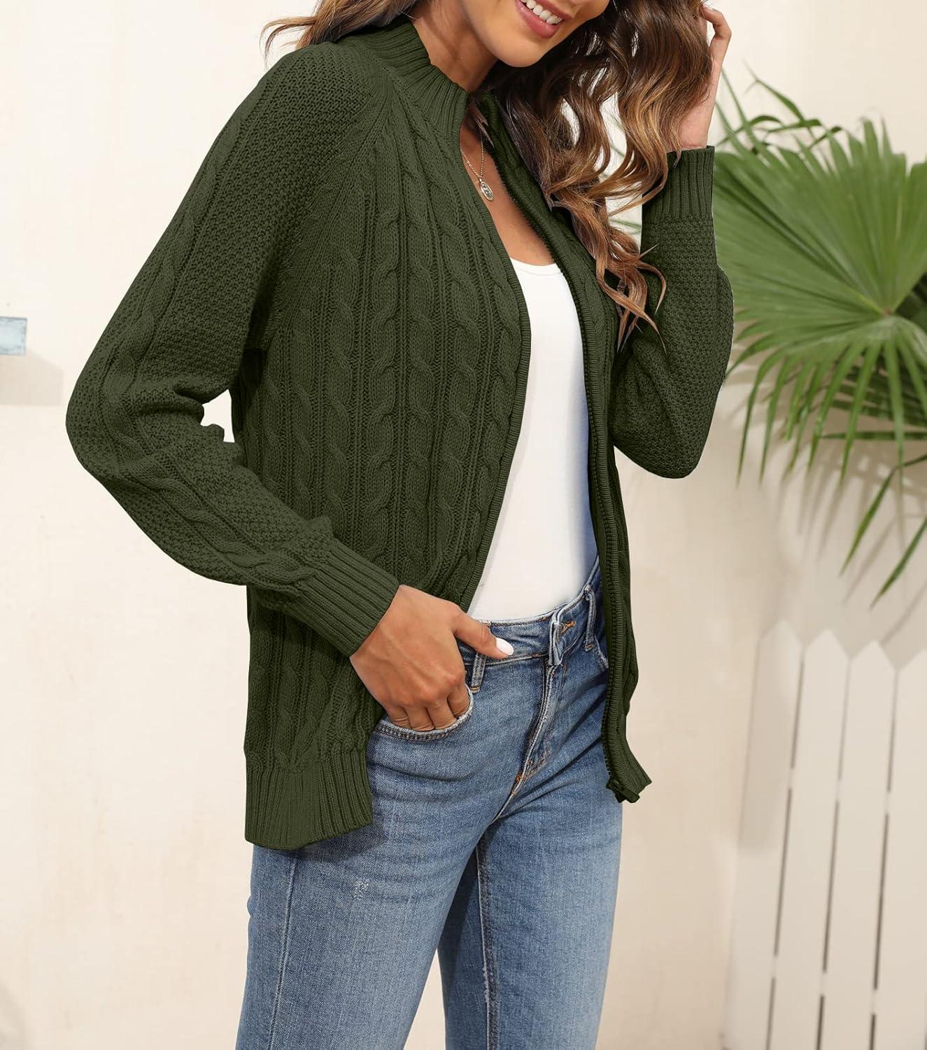 imageSaodimallsu Women Long Sleeve Cardigan Zipper Twist Pattern Casual CoatGreen