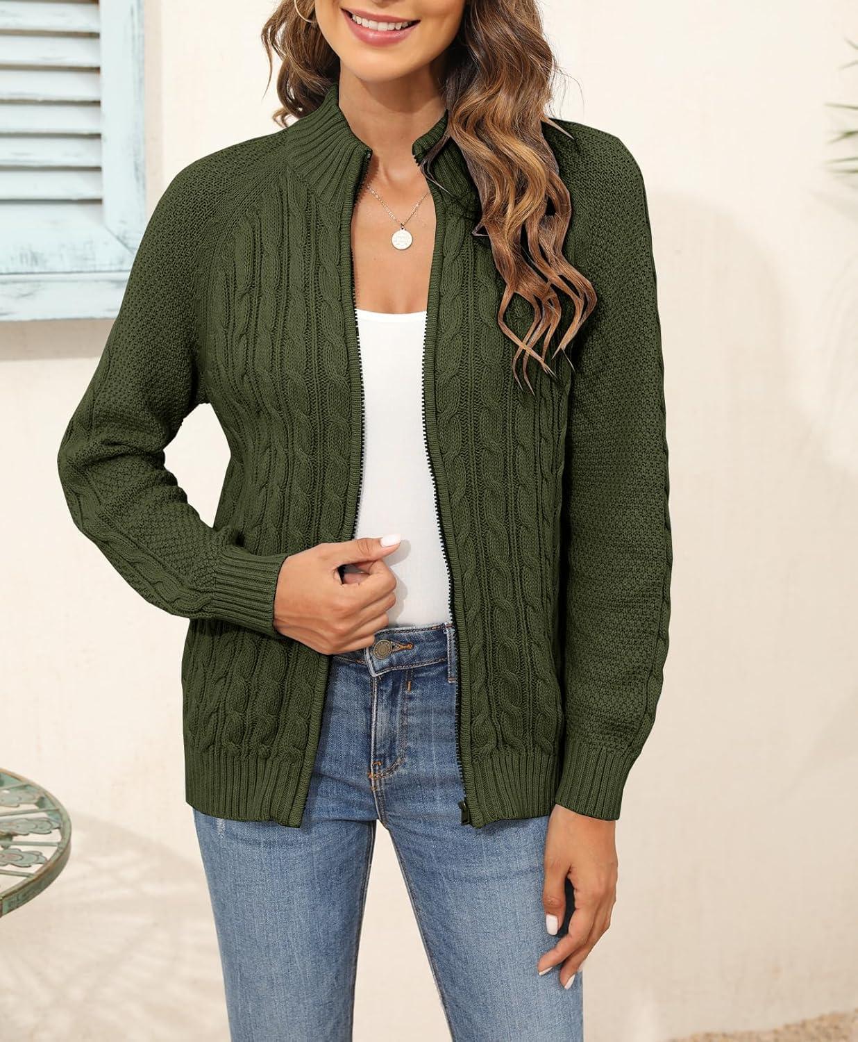 imageSaodimallsu Women Long Sleeve Cardigan Zipper Twist Pattern Casual CoatGreen