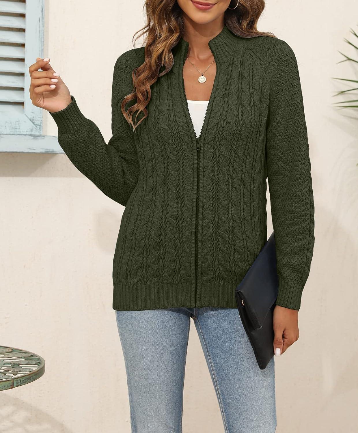 imageSaodimallsu Women Long Sleeve Cardigan Zipper Twist Pattern Casual CoatGreen