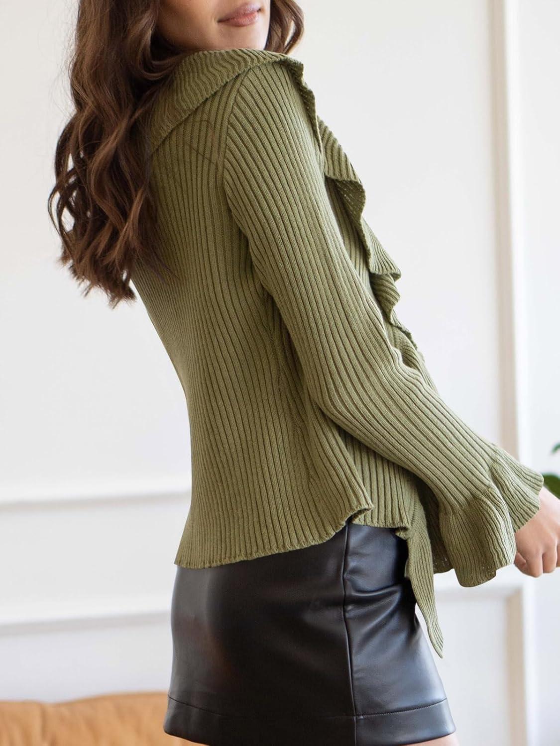 imageSaodimallsu Women Sexy V Neck Sweater Ruffle Sleeve Loose Knit Sweater Fashion Pullover Drawstring Pullover Autumn WinterArmy Green