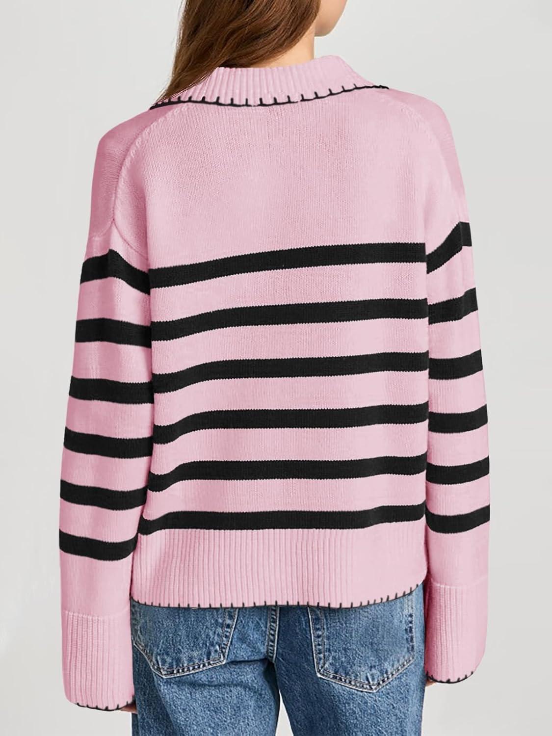 imageSaodimallsu Women Striped Knitted Sweater V Neck Pullover Casual Long Sleeve SweaterPink