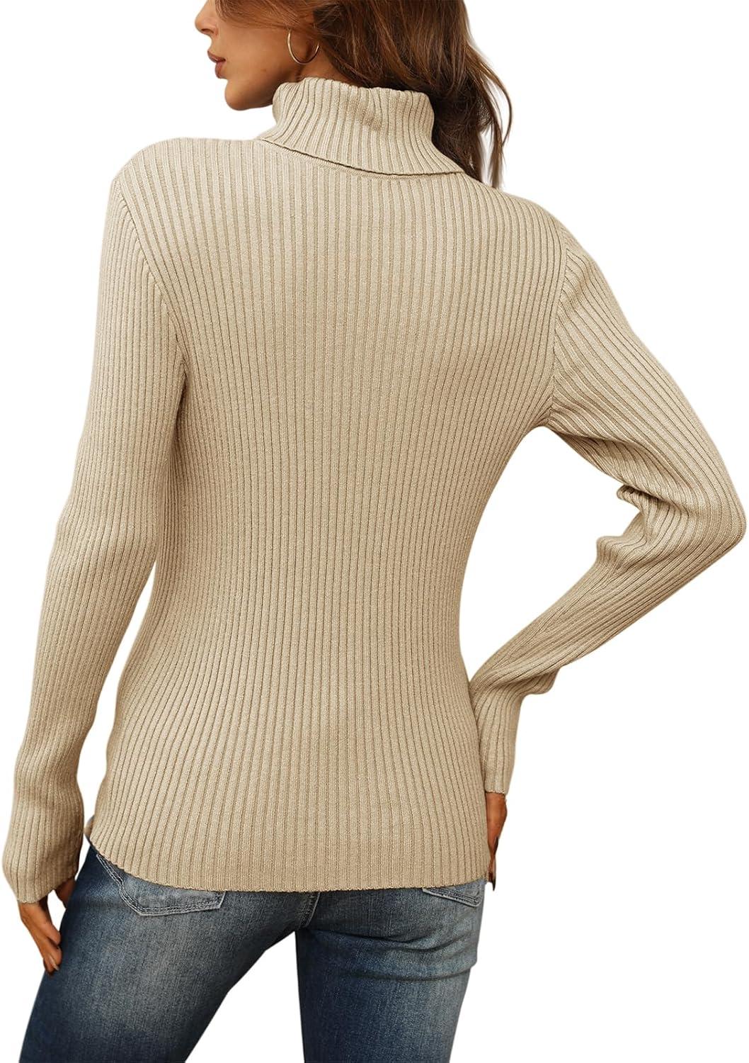 imageSaodimallsu Women Turtleneck Sweater Autumn Winter Thin Knit Sweater Casual Solid ColorBeige