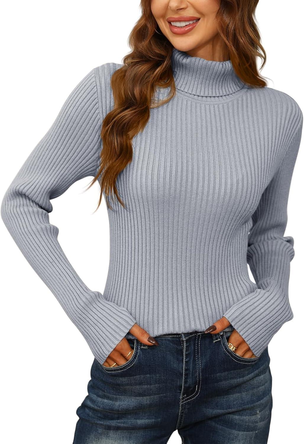 imageSaodimallsu Women Turtleneck Sweater Autumn Winter Thin Knit Sweater Casual Solid ColorLight Grey