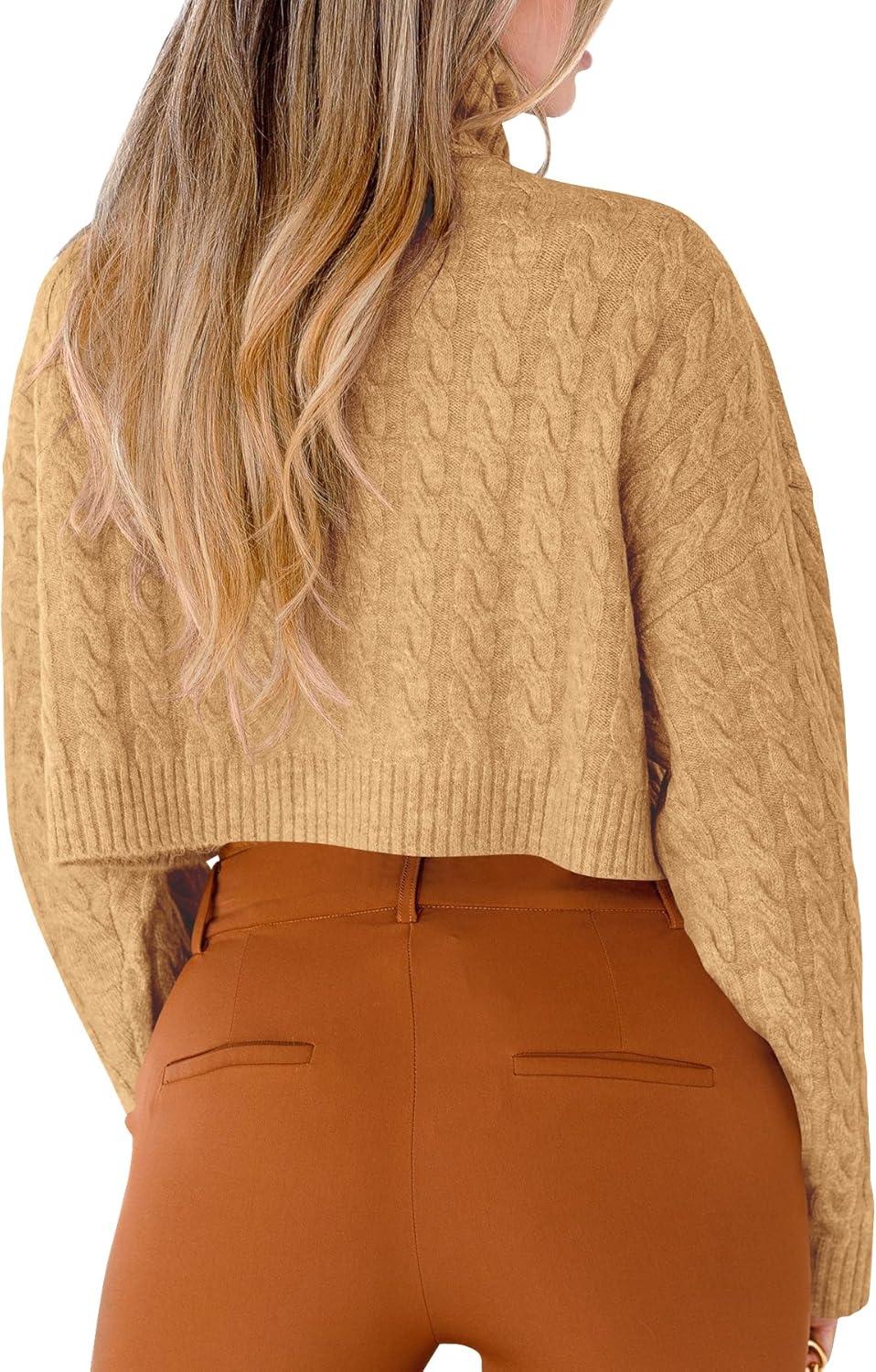 imageSaodimallsu Women Turtleneck Sweater Short Sweater Knitted Long Sleeve Chunky Winter SweaterBrown
