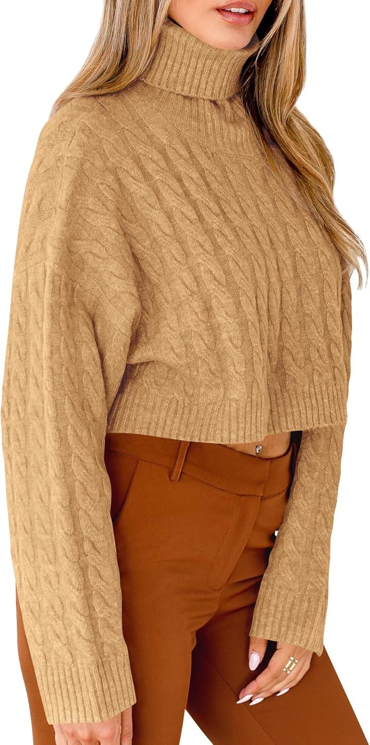 imageSaodimallsu Women Turtleneck Sweater Short Sweater Knitted Long Sleeve Chunky Winter SweaterBrown