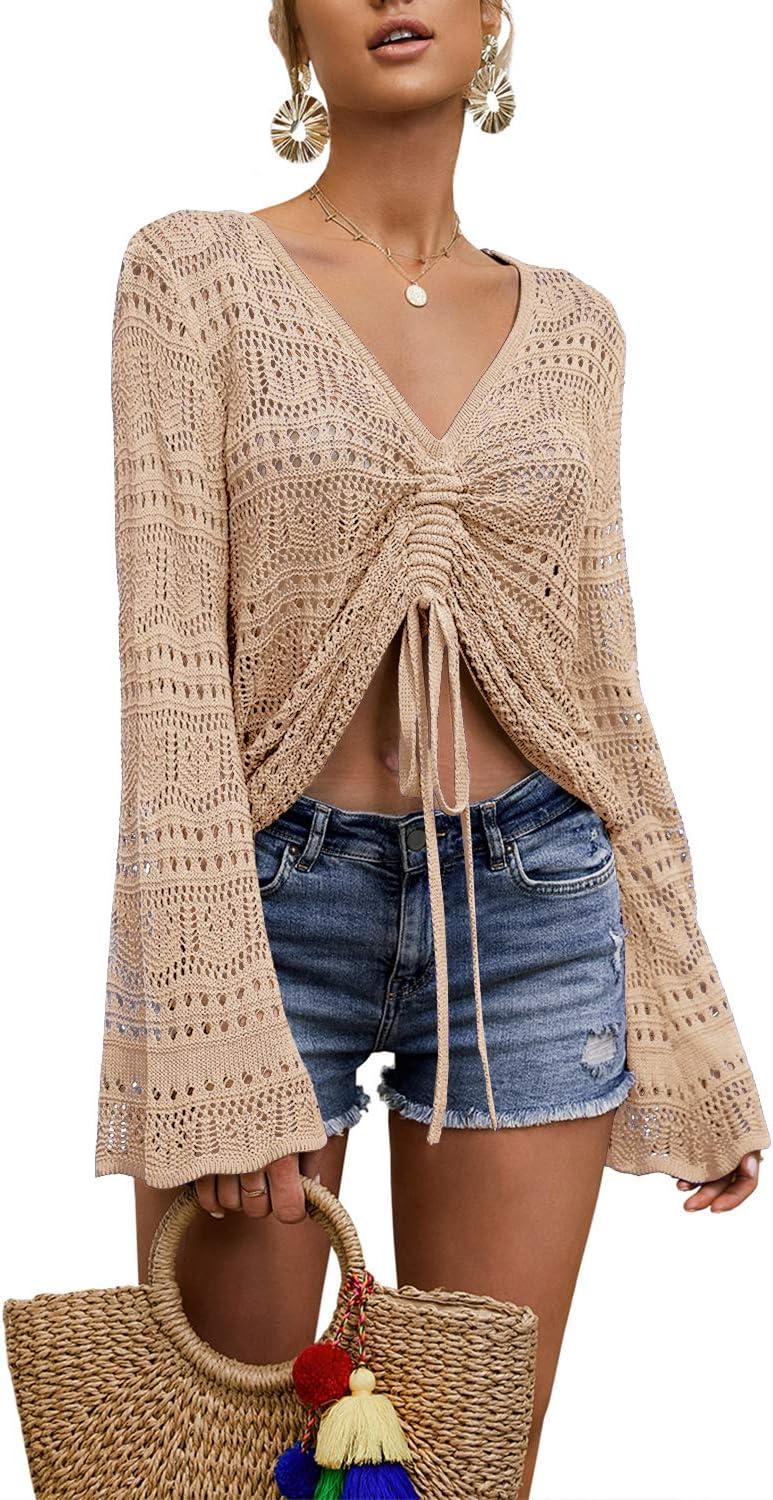 imageSaodimallsu Womens Boho Off Shoulder Bell Sleeve Crop TopApricot