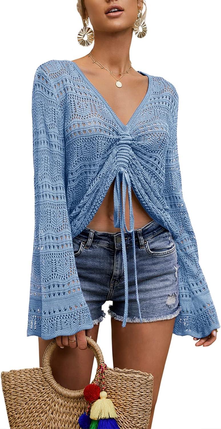 imageSaodimallsu Womens Boho Off Shoulder Bell Sleeve Crop TopBlue