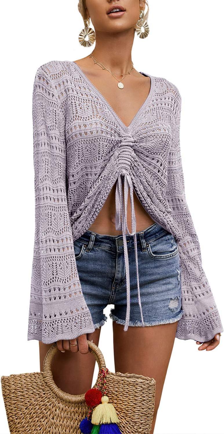 imageSaodimallsu Womens Boho Off Shoulder Bell Sleeve Crop TopLight Purple