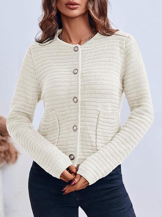 imageSaodimallsu Womens Lightweight Long Sleeve Cardigans Round Neck Button Down Sweater Vintage Classic Elegant Knit Sweater with PocketsWhite