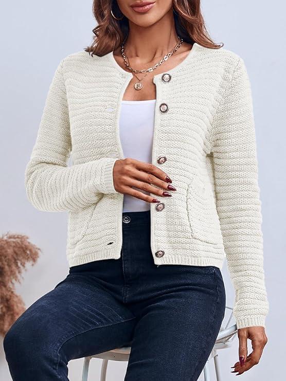 imageSaodimallsu Womens Lightweight Long Sleeve Cardigans Round Neck Button Down Sweater Vintage Classic Elegant Knit Sweater with PocketsWhite