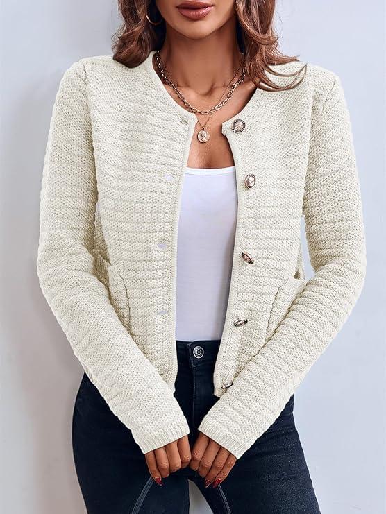 imageSaodimallsu Womens Lightweight Long Sleeve Cardigans Round Neck Button Down Sweater Vintage Classic Elegant Knit Sweater with PocketsWhite