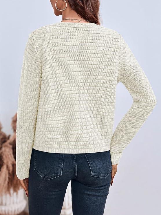 imageSaodimallsu Womens Lightweight Long Sleeve Cardigans Round Neck Button Down Sweater Vintage Classic Elegant Knit Sweater with PocketsWhite