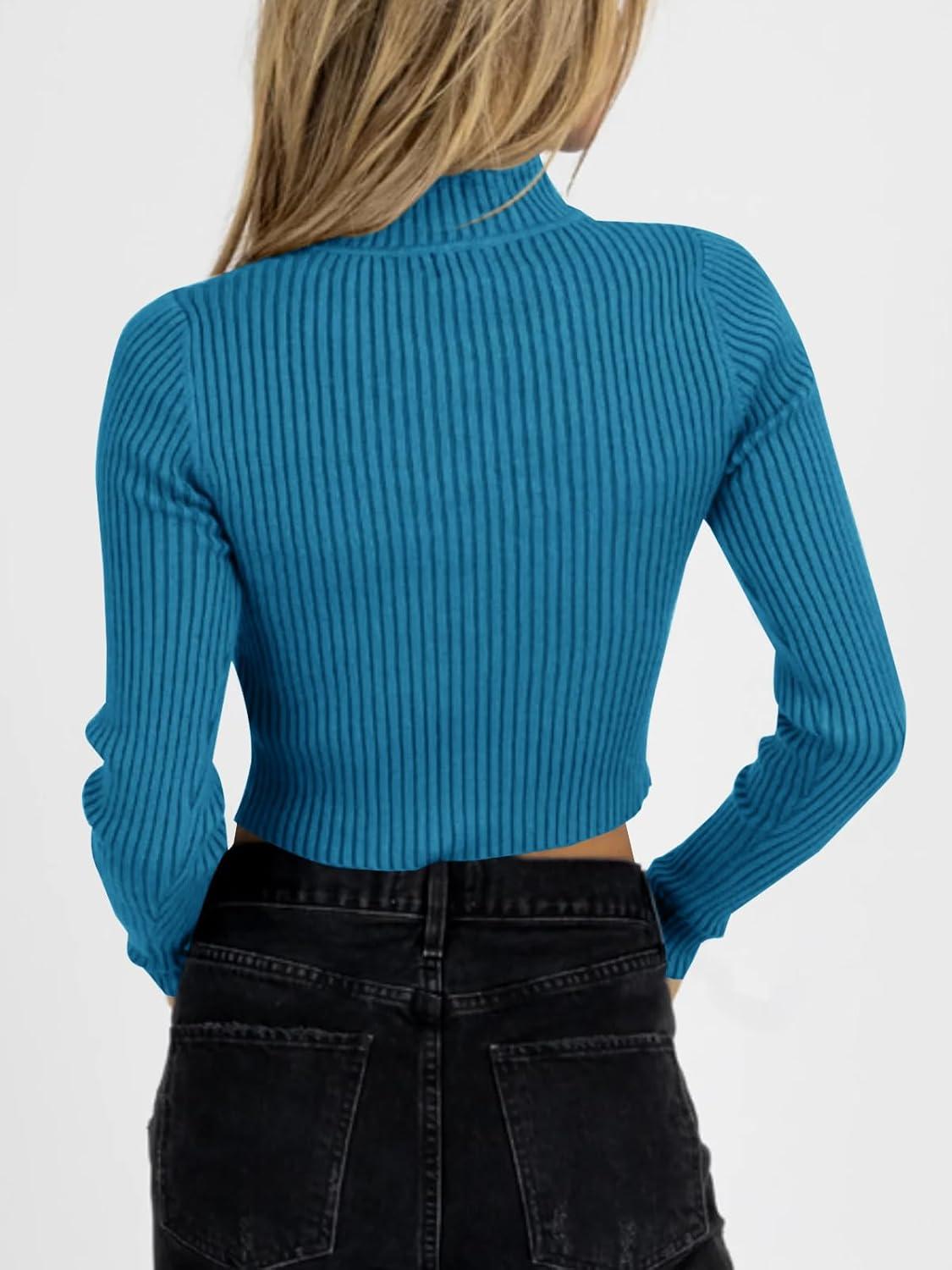imageSaodimallsu Womens Long Sleeve Ribbed Knit Jumper Half Turtleneck Pullover Sexy Knit Slim Fit SweaterBlue