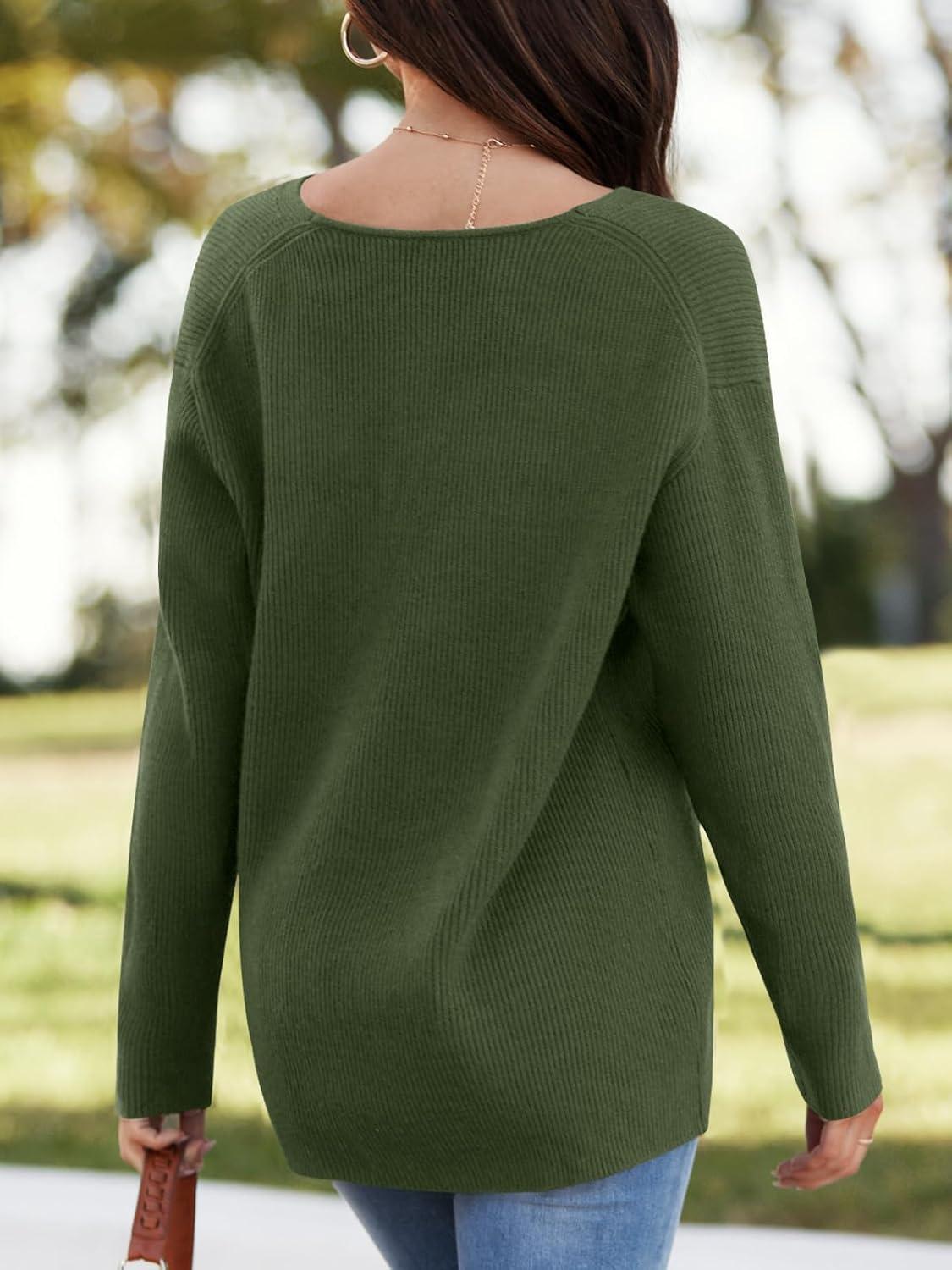 imageSaodimallsu Womens Plus Size Pullover V Neck Long Sleeve Pullover Tunic Knitted Chic SweaterGreen