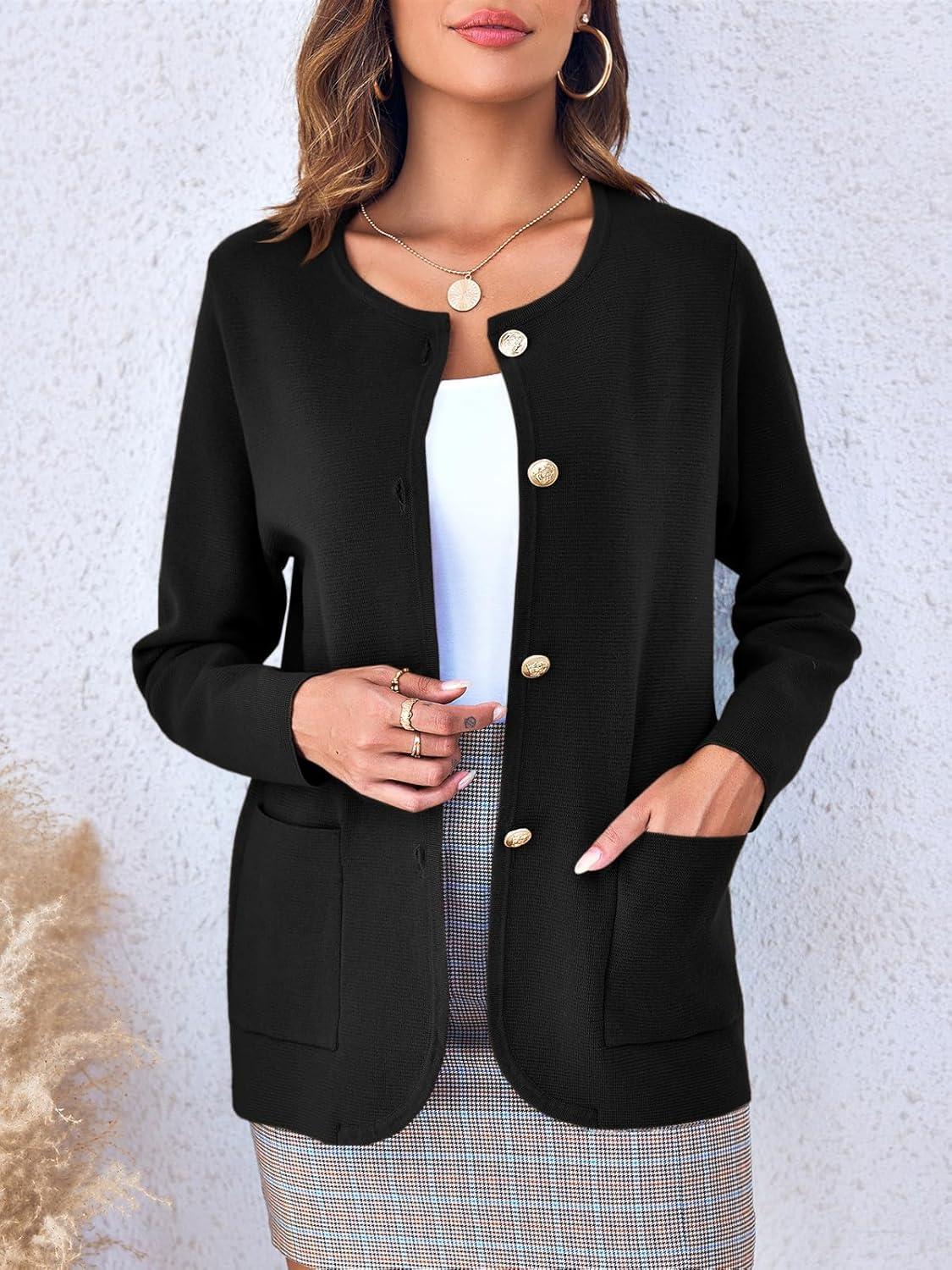 imageSaodimallsu Womens Round Neck Long Sleeve Top Autumn Winter Blazer Warm Elegant Business Coat with PocketBlack