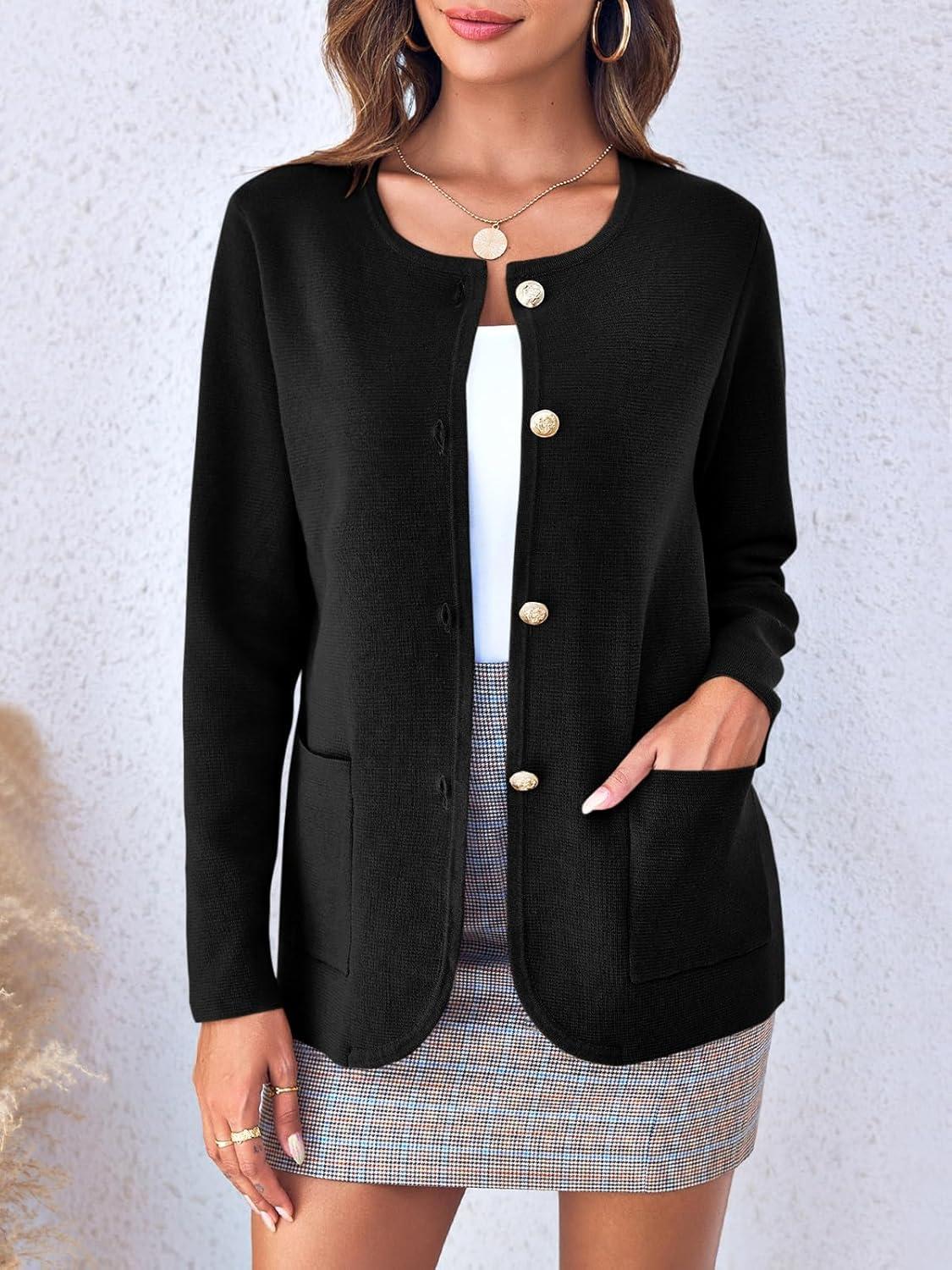 imageSaodimallsu Womens Round Neck Long Sleeve Top Autumn Winter Blazer Warm Elegant Business Coat with PocketBlack