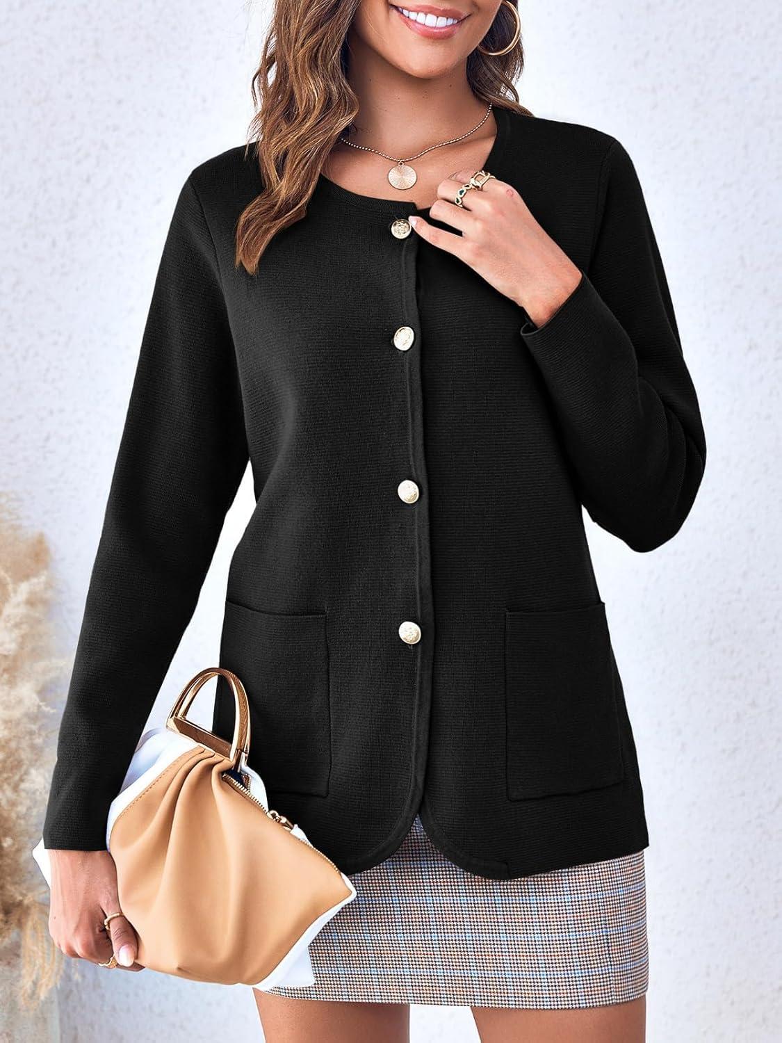 imageSaodimallsu Womens Round Neck Long Sleeve Top Autumn Winter Blazer Warm Elegant Business Coat with PocketBlack