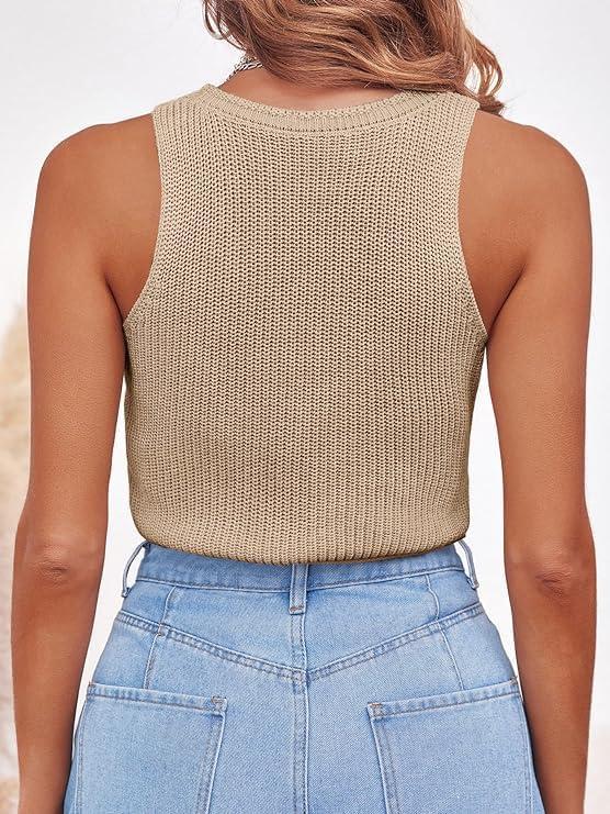 imageSaodimallsu Womens Summer Backless Sleeveless Knitted Racerback Tank Top Slim Fit Crew Neck BasicKhaki