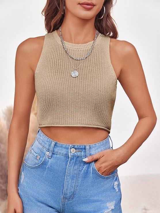 imageSaodimallsu Womens Summer Backless Sleeveless Knitted Racerback Tank Top Slim Fit Crew Neck BasicKhaki