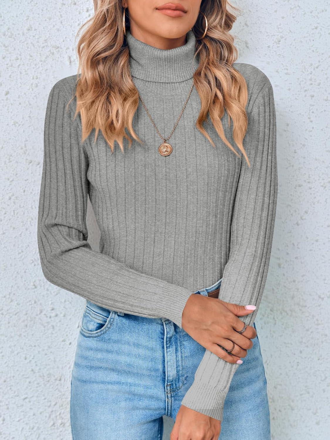 imageSaodimallsu Womens Turtleneck Sweater Autumn Winter Long Sleeve Casual Elegant SweaterGrey