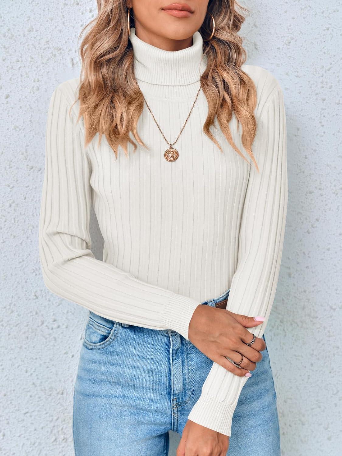 imageSaodimallsu Womens Turtleneck Sweater Autumn Winter Long Sleeve Casual Elegant SweaterWhite