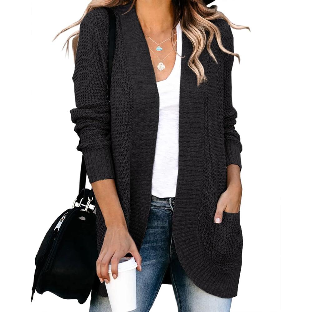 imageSaodimallsu Loose Open Front Cardigan for Women Long Sleeve Soft Lightweight Knit Sweater Coat with Pockets Large BlueBlack