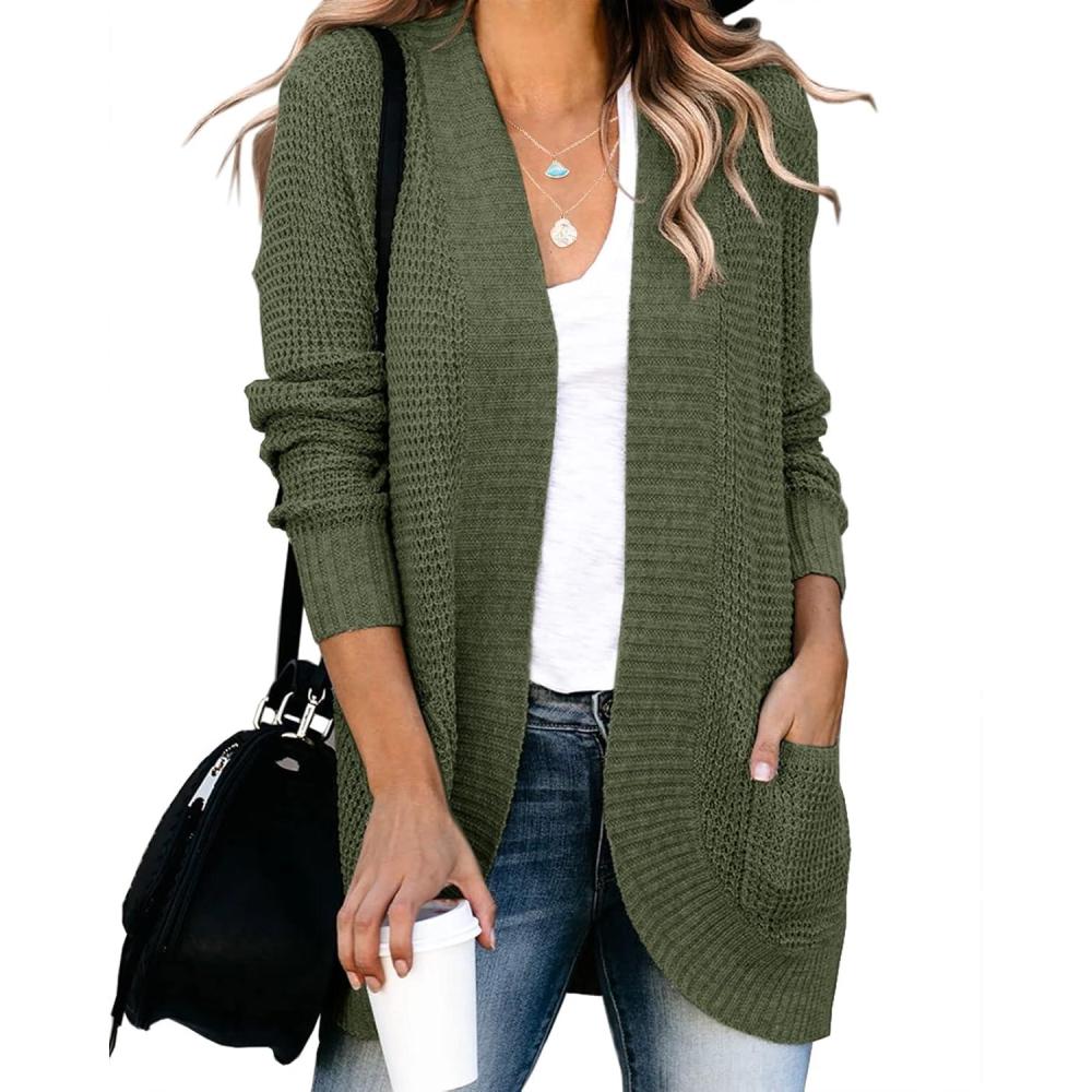 imageSaodimallsu Loose Open Front Cardigan for Women Long Sleeve Soft Lightweight Knit Sweater Coat with Pockets Large BlueGreen Army