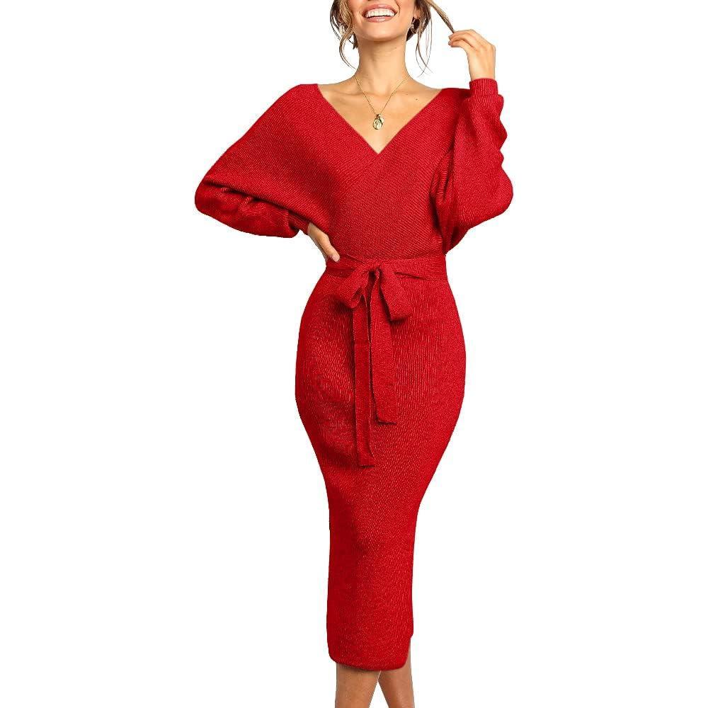 imageSaodimallsu Stylish Vneck sweater with bat wings with beltDeep Red