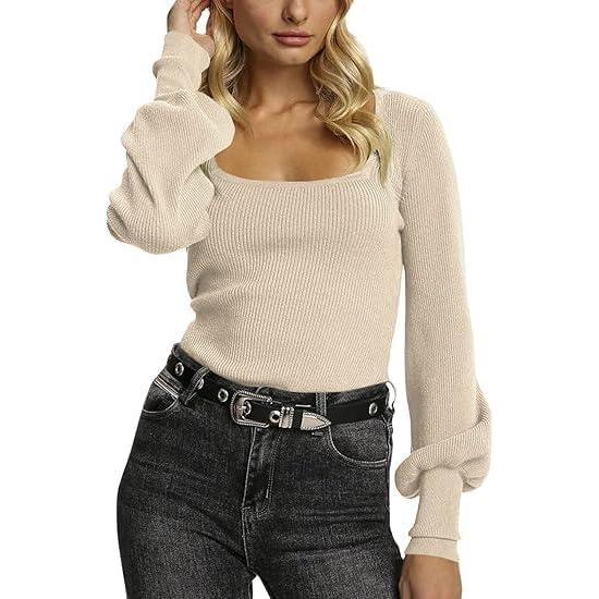 imageSaodimallsu Women Knitted Sweater Lantern Long Sleeve Square Neck Slim Fit Autumn Winter Solid ColorBeige