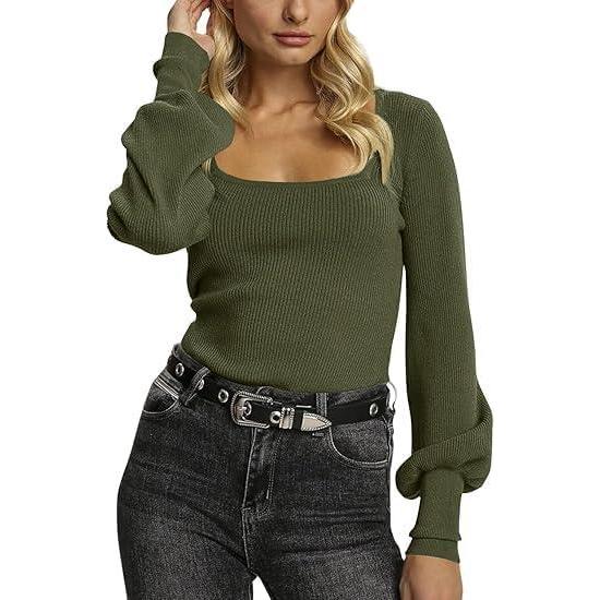 imageSaodimallsu Women Knitted Sweater Lantern Long Sleeve Square Neck Slim Fit Autumn Winter Solid ColorGreen