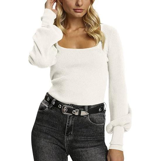 imageSaodimallsu Women Knitted Sweater Lantern Long Sleeve Square Neck Slim Fit Autumn Winter Solid ColorWhite