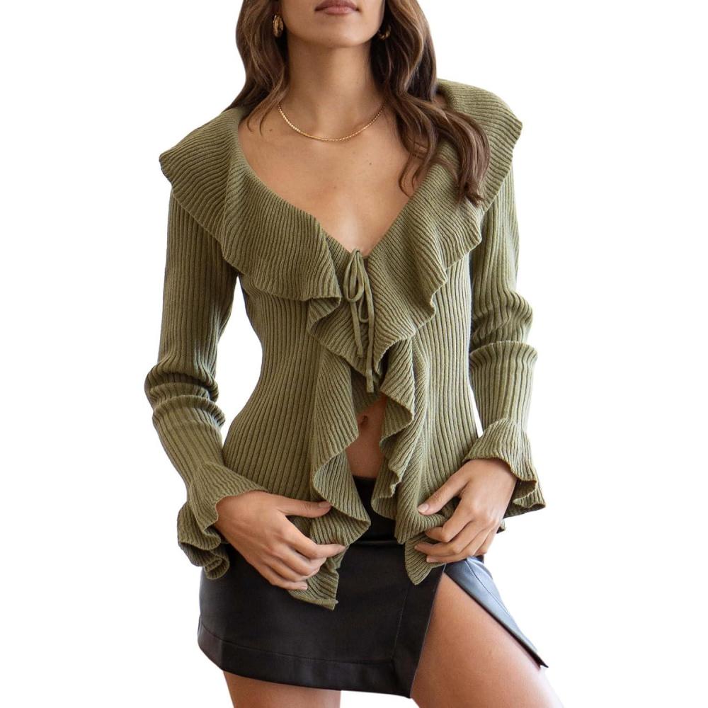 imageSaodimallsu Women Sexy V Neck Sweater Ruffle Sleeve Loose Knit Sweater Fashion Pullover Drawstring Pullover Autumn WinterArmy Green